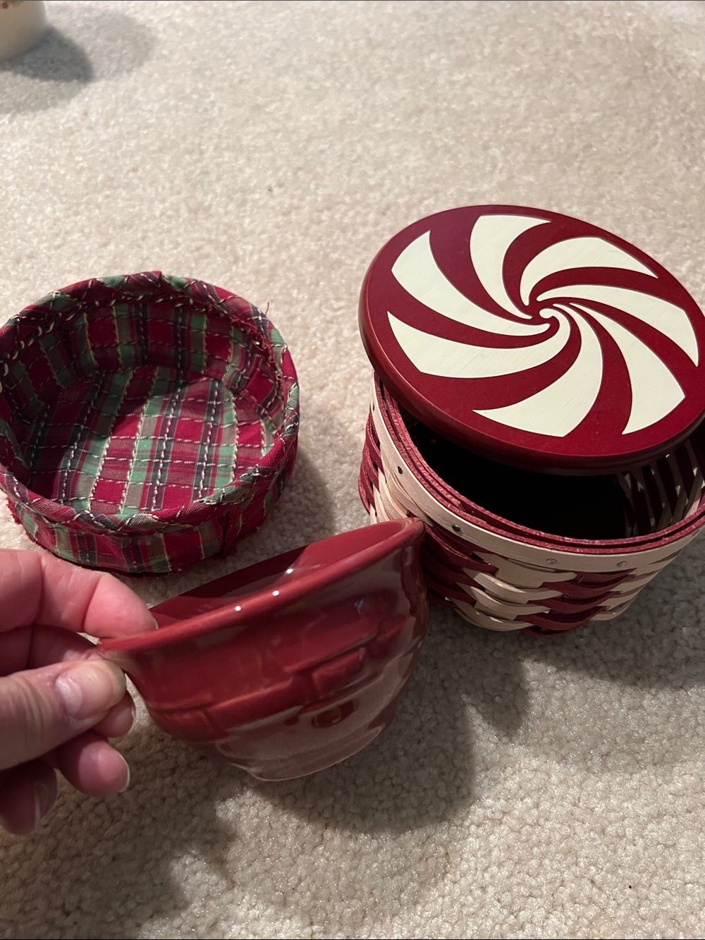 Longaberger 2009 Peppermint Twist Tree Trimming basket, lid, liner & bowl -EC